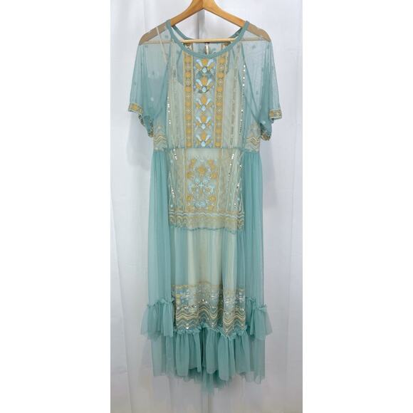 FREE PEOPLE Sabrina Embroidered Sheer Mesh Maxi Dress Top with Slip Blue Size S - Picture 1 of 12